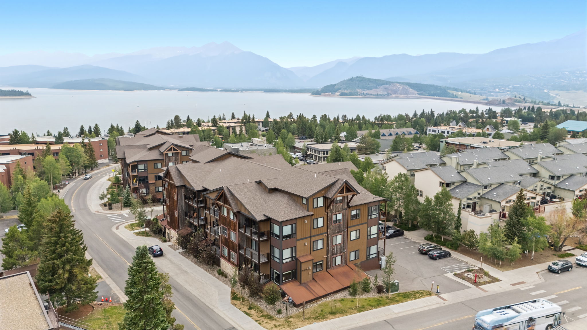 Aerial view with Lake Dillon and the mountains