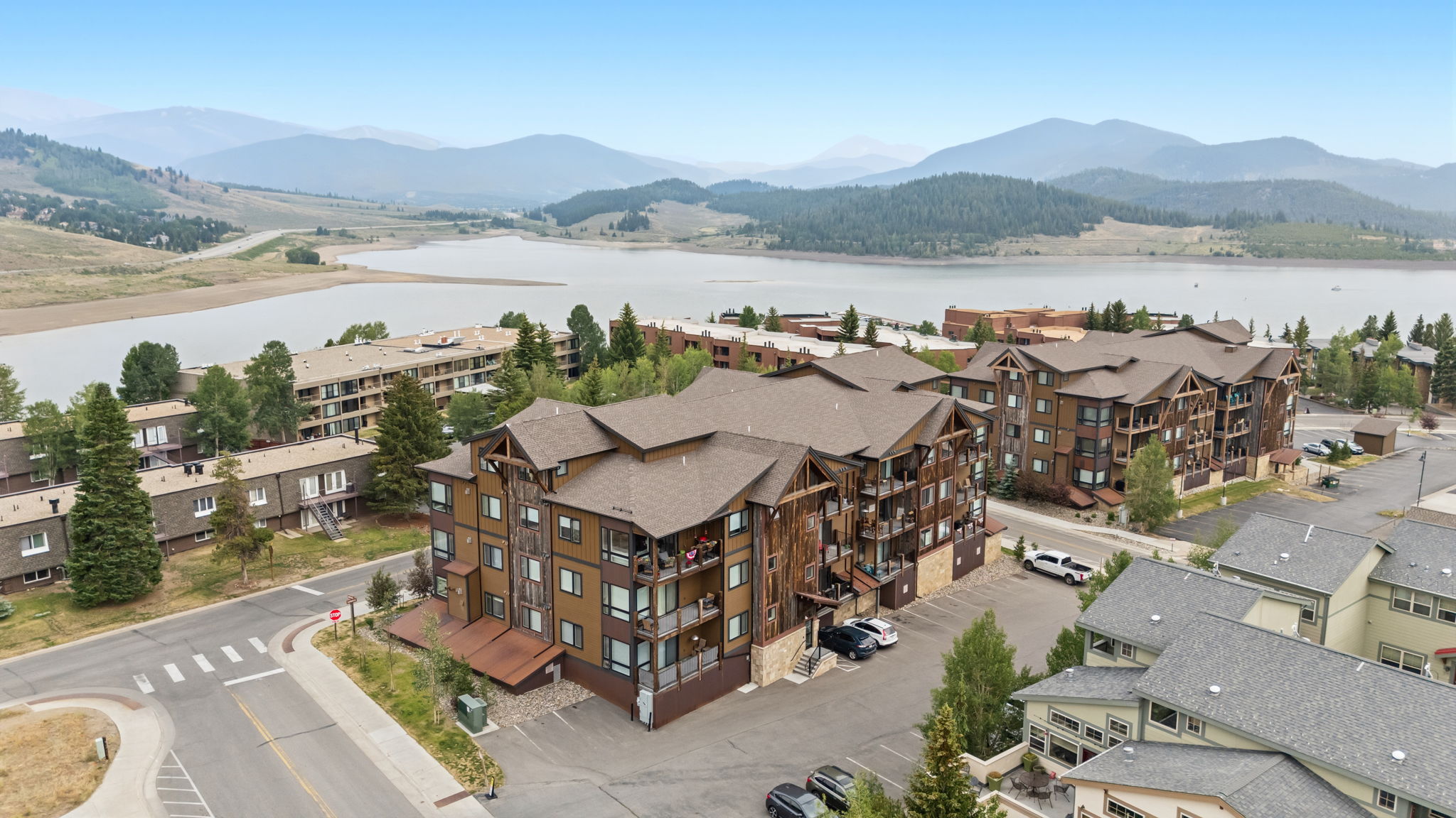 Aerial view of the building with Lake Dillon beyond