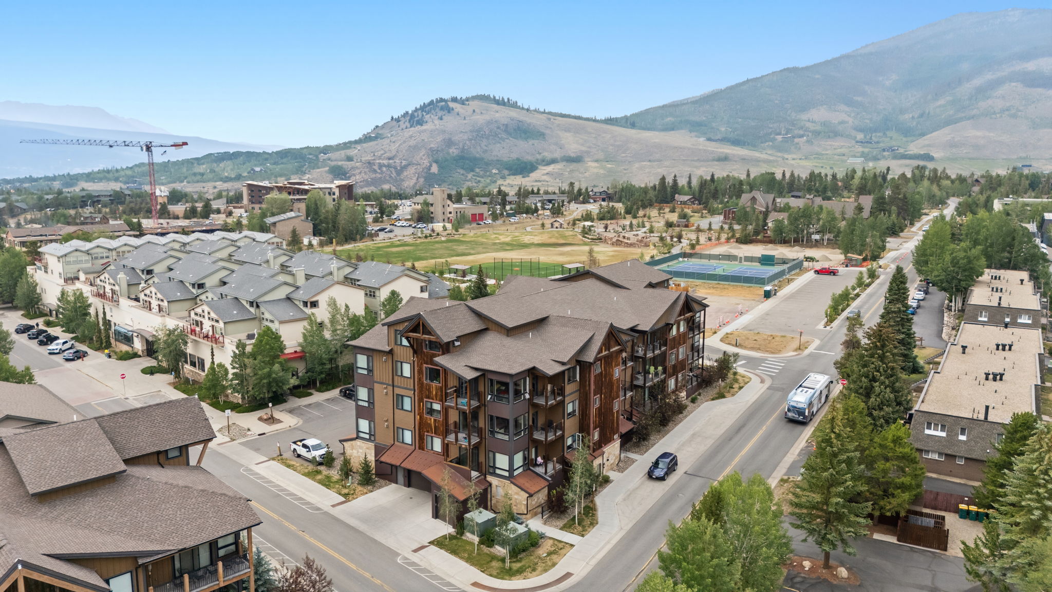 The building and neighborhood with the free shuttle passing