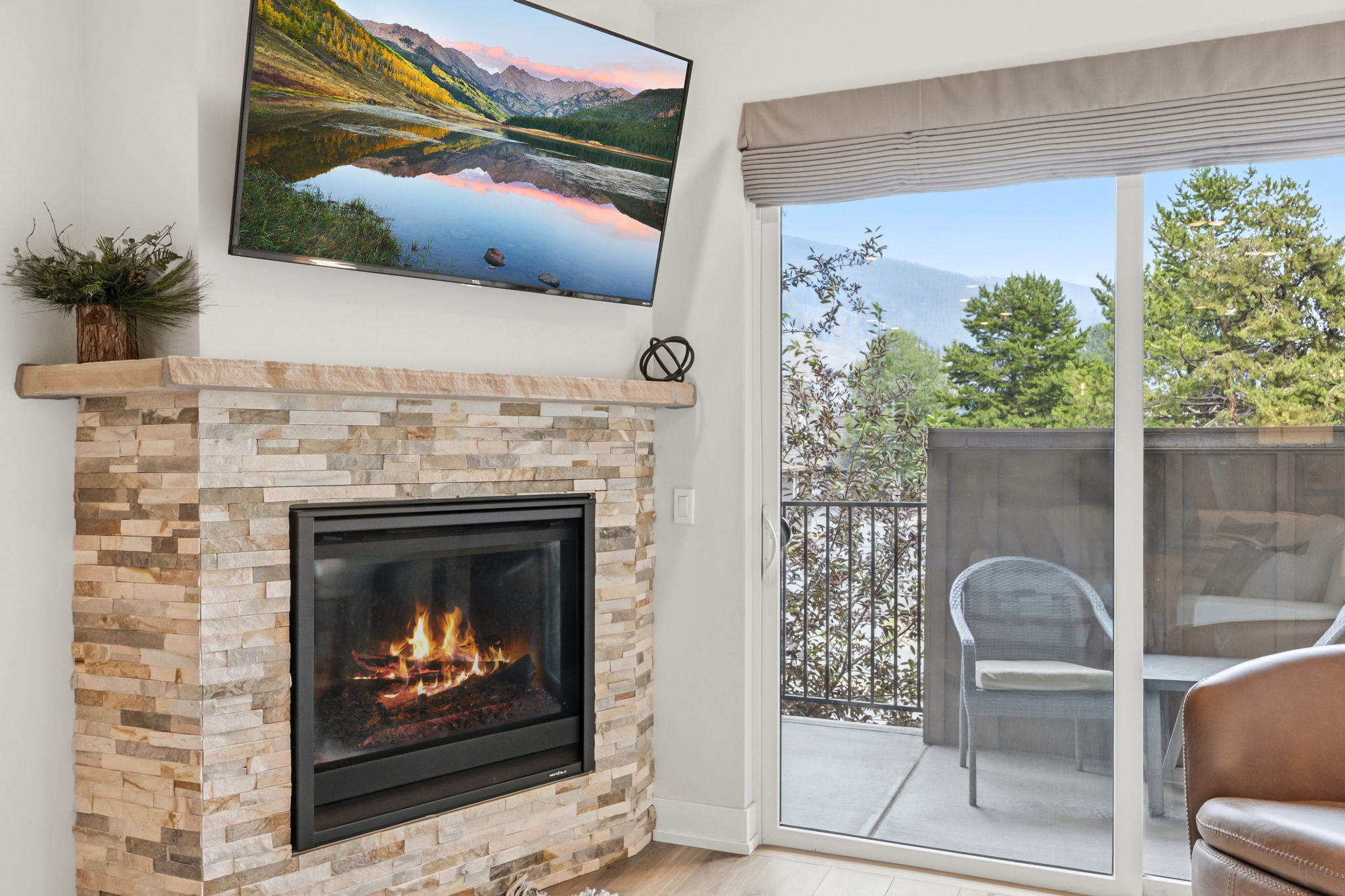 Gas fireplace beside the private balcony